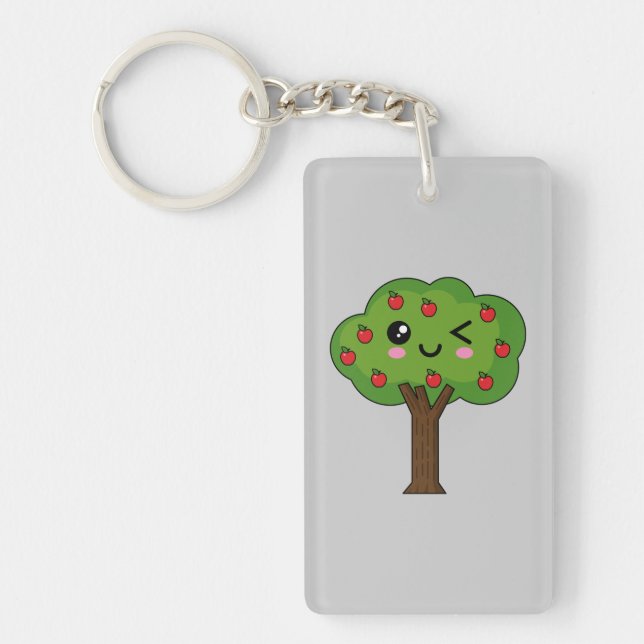 Kawaii Happy Winking Apple Tree Keychain (Front)