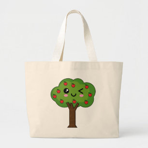 Kawaii Happy Winking Apple Tree Large Tote Bag
