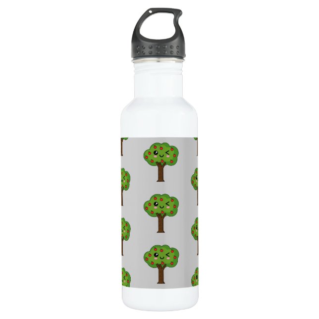 Kawaii Happy Winking Apple Tree Stainless Steel Water Bottle (Front)