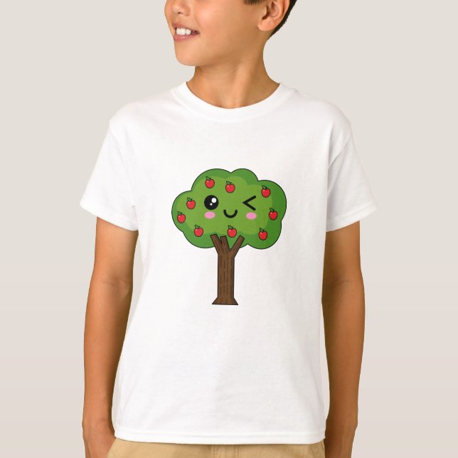 Kawaii Happy Winking Apple Tree T-Shirt (Front)