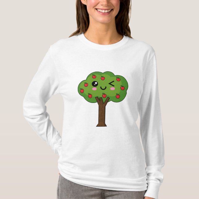 Kawaii Happy Winking Apple Tree T-Shirt (Front)