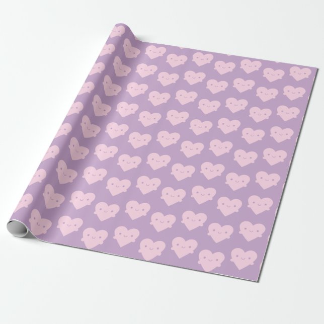 Kawaii Heart Hugs Wrapping Paper (Unrolled)