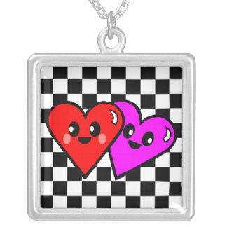 Kawaii Hearts & Checkerboard Silver Necklace