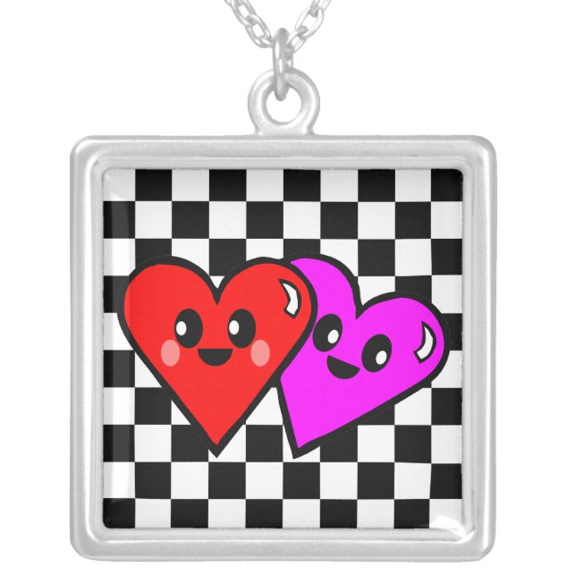 Kawaii Hearts & Checkerboard Silver Necklace (Front)