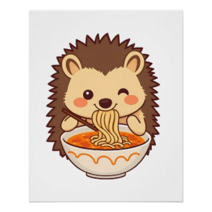 Kawaii hedgehog with ramen - Low foodie Poster