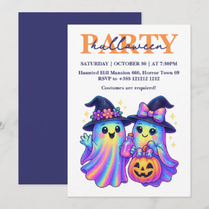 Kawaii Holographic Retro Ghosts Halloween Party Invitation
