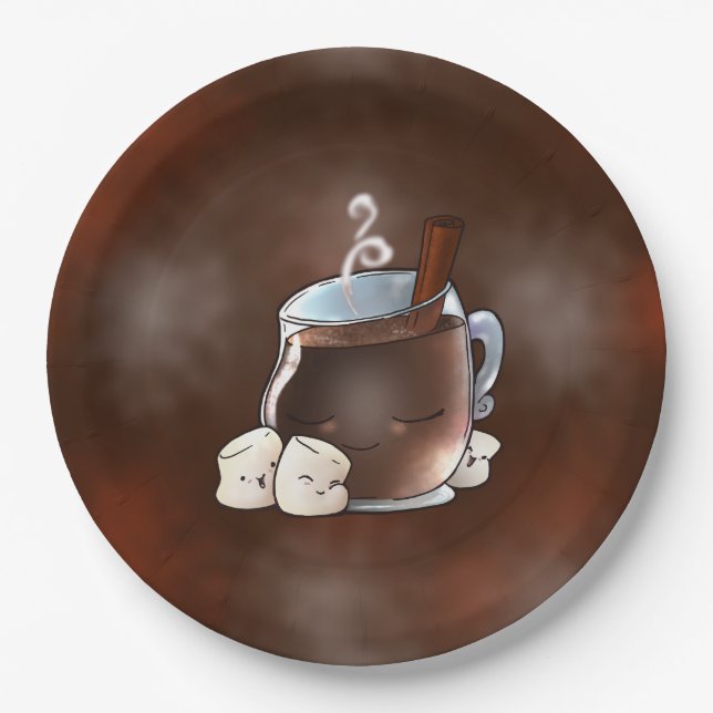 Kawaii Hot Chocolate and Marshmallows Paper Plates (Front)