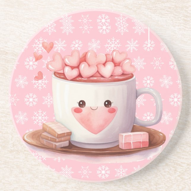Kawaii hot Cocoa chocolate and snowflakes Coaster (Front)