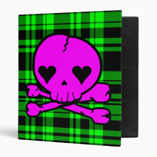 Kawaii Hot Pink Skull Neon Green Plaid 3 Ring Binder