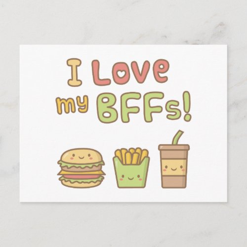 Kawaii I Love My BFFs Fast Food Doodle Postcard