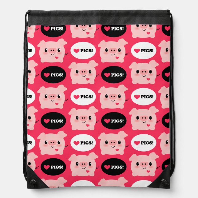 Kawaii I Love Pigs Drawstring Bag (Front)