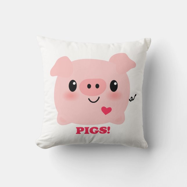 Kawaii I Love Pigs Throw Pillow (Front)
