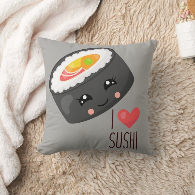 Kawaii I Love Sushi Throw Pillow (Blanket)