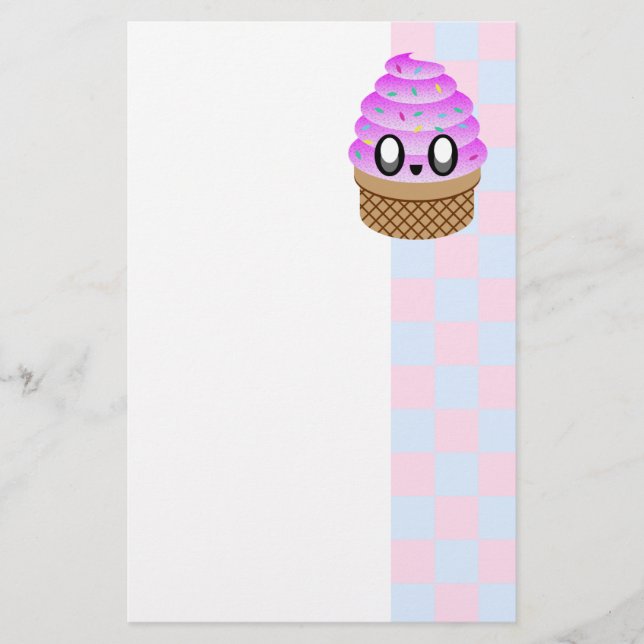KAWAII ICE CREAM CONE HAPPY RASPBERRY CHECKERS STATIONERY (Front)
