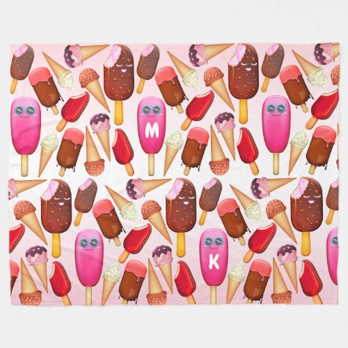 Kawaii Ice Cream Cone Popsicle Monogram Sweets Fleece Blanket