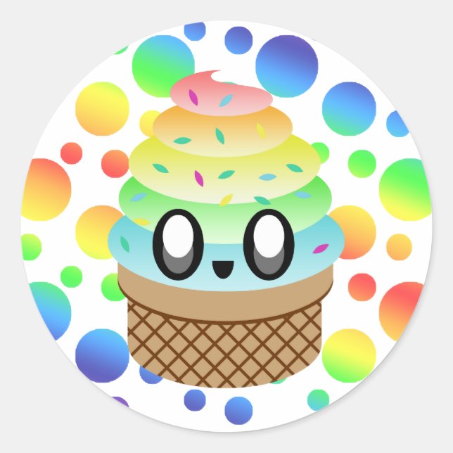 Kawaii Ice Cream Cone Rainbow Dots Classic Round Sticker (Front)