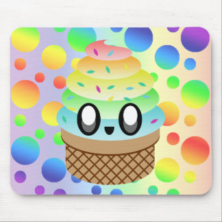 Kawaii Ice Cream Cone Rainbow Dots Mouse Pad