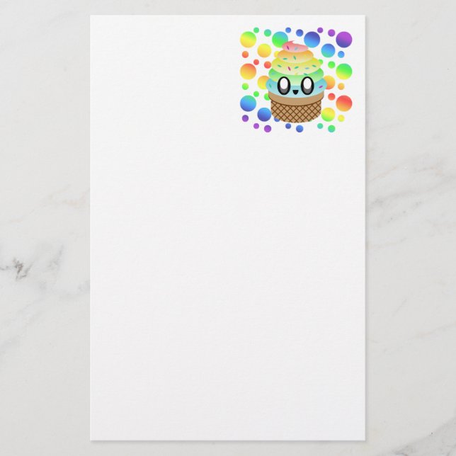 Kawaii Ice Cream Cone Rainbow Dots Stationery (Front)