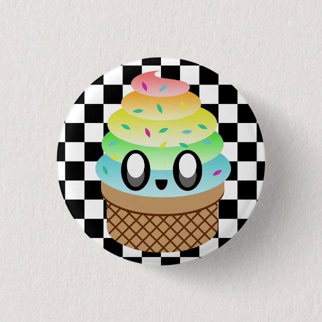KAWAII ICE CREAM RAINBOW CONE CHECKERBOARD PIN (Front)