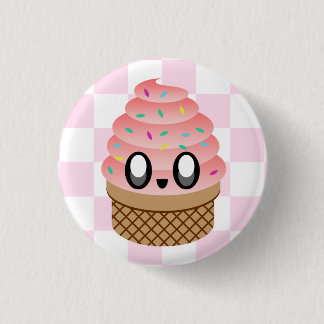 KAWAII ICE CREAM STRAWBERRY CONE CHECKERBOARD PINK PINBACK BUTTON