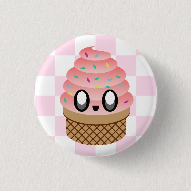 KAWAII ICE CREAM STRAWBERRY CONE CHECKERBOARD PINK PINBACK BUTTON (Front)