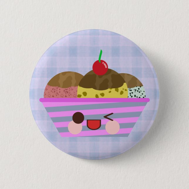 Kawaii Ice Cream Sundae Flavors Delicious Plaid Pinback Button (Front)