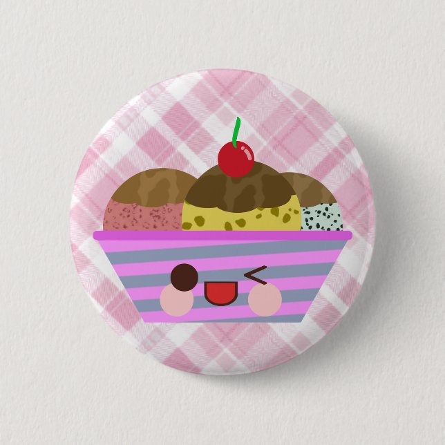 Kawaii Ice Cream Sundae Flavors Delicious Plaid Pinback Button (Front)