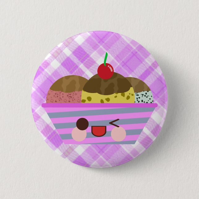 Kawaii Ice Cream Sundae Flavors Delicious Plaid Pinback Button (Front)