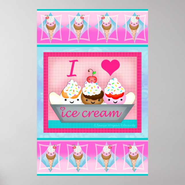 Kawaii Ice Cream Sundae Love Art Poster / Print (Front)
