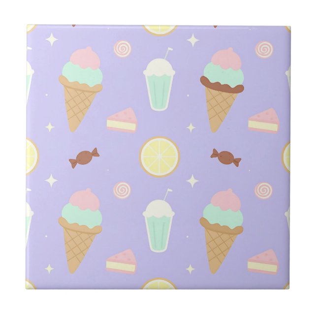 Kawaii Ice Cream Sweets Pattern Ceramic Tile (Front)