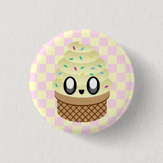 KAWAII ICE CREAM VANILLA CONE CHECKERBOARD PINK PINBACK BUTTON
