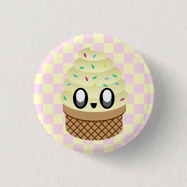 KAWAII ICE CREAM VANILLA CONE CHECKERBOARD PINK PINBACK BUTTON (Front)