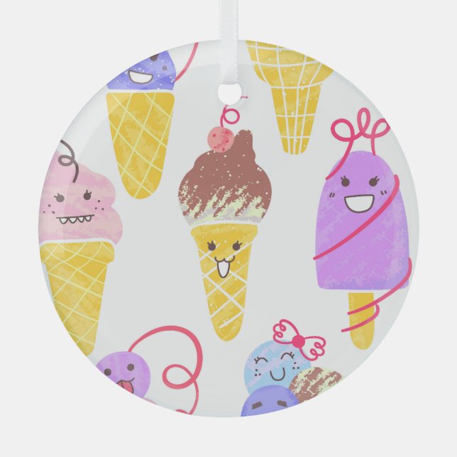 Kawaii ice creams, cute, seamless pattern. glass ornament (Front)