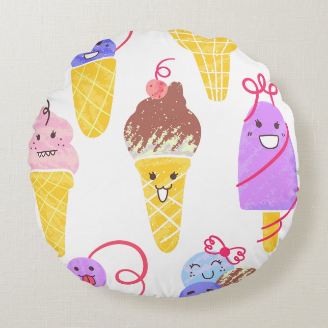 Kawaii ice creams, cute, seamless pattern. round pillow (Front)