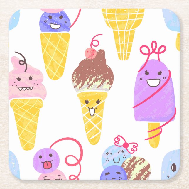 Kawaii ice creams, cute, seamless pattern. square paper coaster (Front)