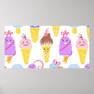 Kawaii Ice Creams Pattern, Kawaii Character Ice Cr Poster