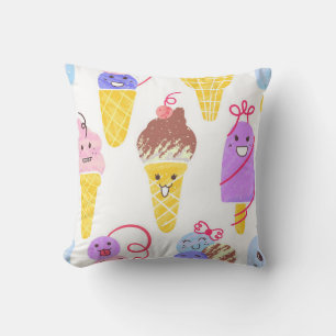 Kawaii Ice Creams Pattern, Kawaii Character Ice Cr Throw Pillow