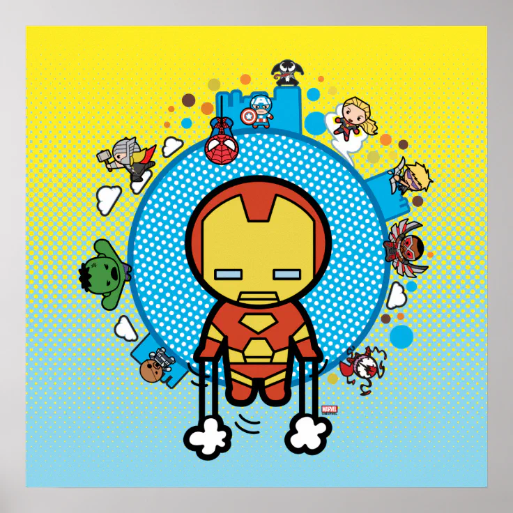 Kawaii Iron Man With Marvel Heroes On Globe Poster Zazzle