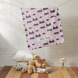 Kawaii Japanese Onigiri Pattern Personalized Pink Baby Blanket