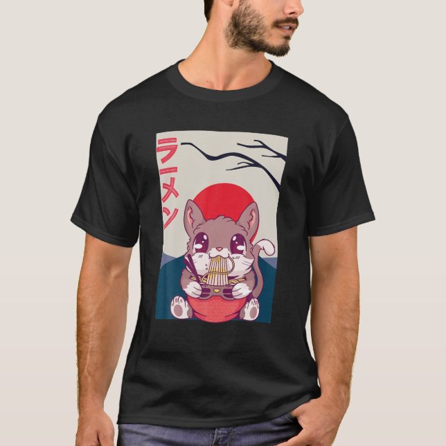 Kawaii Japanese Squirrel Cat Eat Ramen While Gamin T-Shirt (Front)