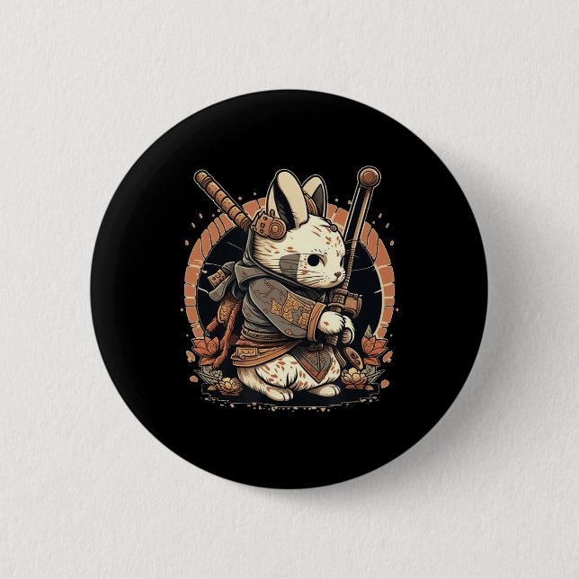 Kawaii Japanese Style Samurai Bunny Anime Button (Front)
