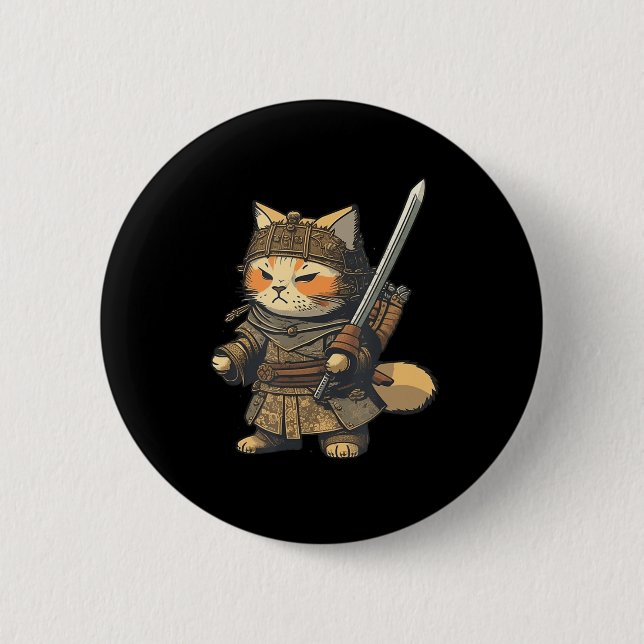 Kawaii Japanese Style Samurai Cat Anime Button (Front)