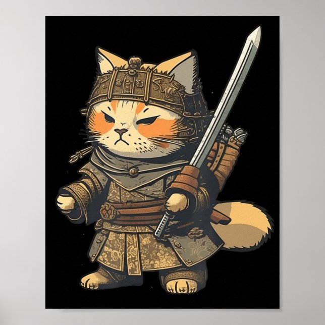 Kawaii Japanese Style Samurai Cat Anime Poster (Front)