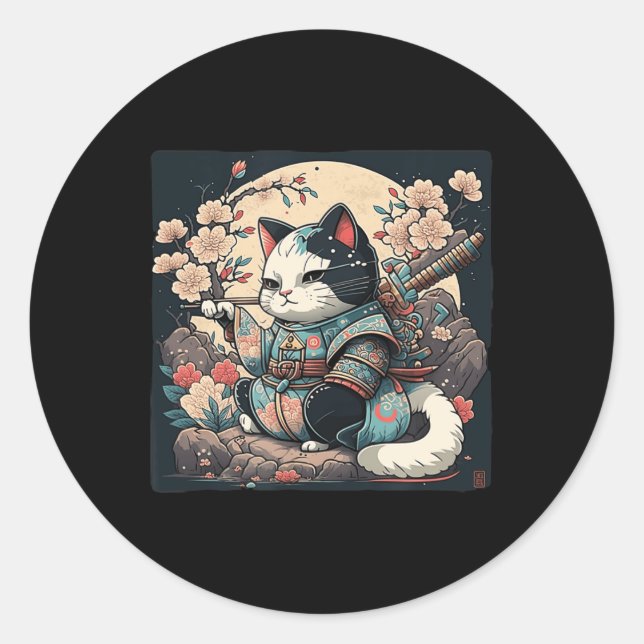 Kawaii Japanese Style Samurai Cat Kitten Anime Classic Round Sticker (Front)