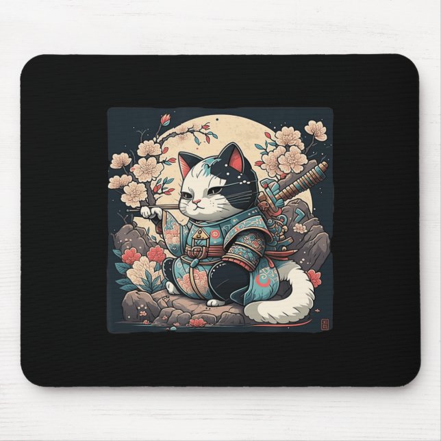 Kawaii Japanese Style Samurai Cat Kitten Anime Mouse Pad (Front)