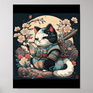 Kawaii Japanese Style Samurai Cat Kitten Anime Poster