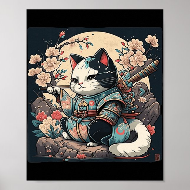 Kawaii Japanese Style Samurai Cat Kitten Anime Poster (Front)