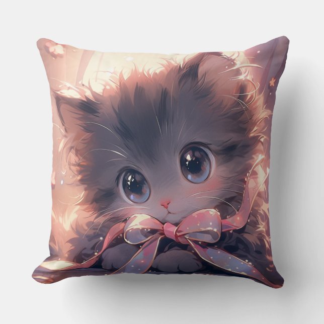 Kawaii Kitten Throw Pillow (Front)