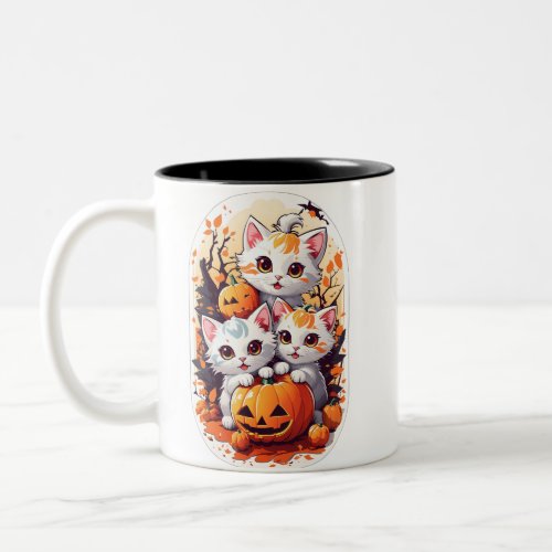 Kawaii Kittens playing with a small pumpkin Two_Tone Coffee Mug