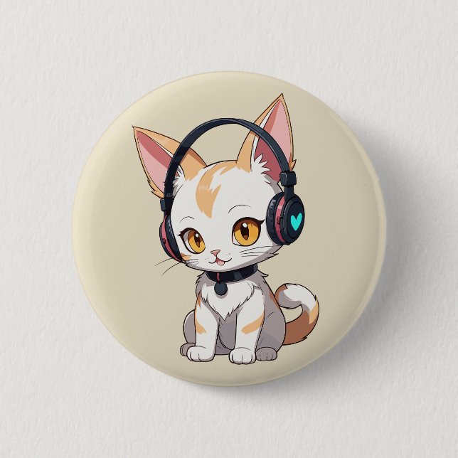 Kawaii Kitty in Rocking Headphones Button (Front)